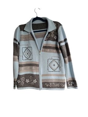 Vintage Light Blue and Grey Patterned Zip Cardigan